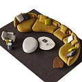 Modern Curved Yellow Sofa With Multicolored Cushions And Round Coffee Table Set 3d model