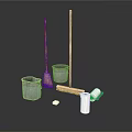 Essential Cleaning Tools Collection With Brooms Buckets Brushes Toilet Paper
