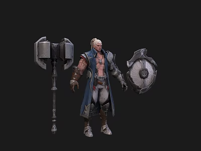 Game Movie Character Warrior With White Hair Blue Cloak Giant Axe And Metal Shield 3d model