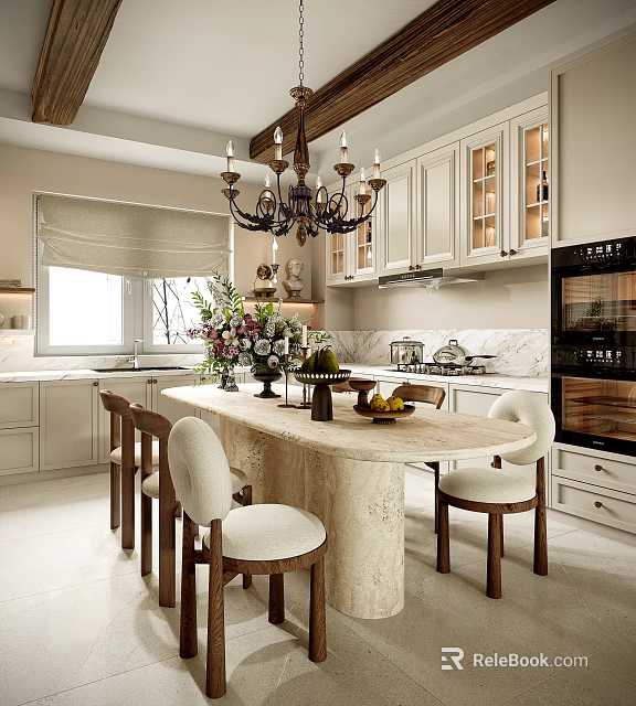 Elegant Restaurant Kitchen With Beige Cabinets Marble Table And Chandelier 3d model