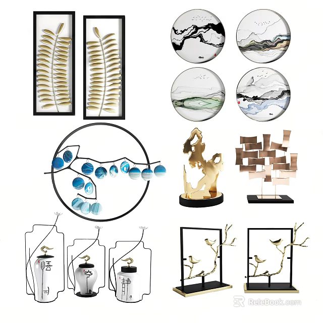 Ornamental Decor Collection Featuring Circular Glass Ornaments Metal Geometric Sculptures Wall Decor And Tabletop Accents 3d model 