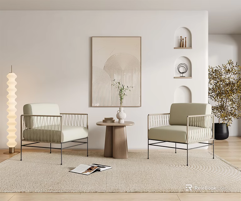 Light Colored Casual Sofa Set With Metal Frame Armchairs Small Coffee Table Vase And Area Rug 3d model 