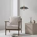 Leisure Chair With Beige Cushion And Wooden Frame Side Table Aromatherapy Sticks Blinds Pendant Light