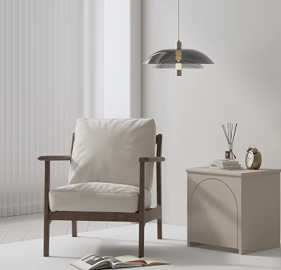 Leisure Chair With Beige Cushion And Wooden Frame Side Table Aromatherapy Sticks Blinds Pendant Light 3d model
