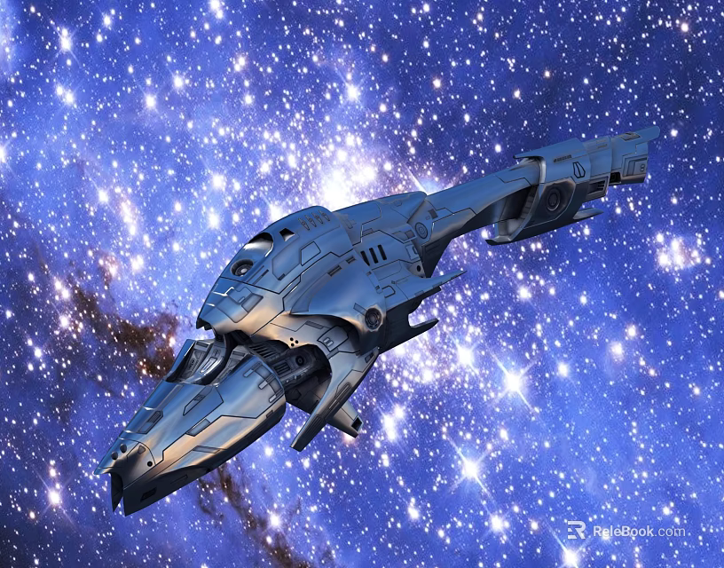 Futuristic Metallic Spaceship Flying Through Vast Starry Space With Bright Stars 3d model 