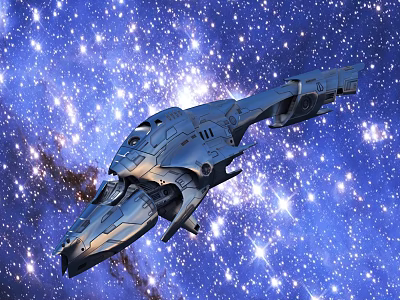 Futuristic Metallic Spaceship Flying Through Vast Starry Space With Bright Stars 3d model