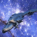 Futuristic Metallic Spaceship Flying Through Vast Starry Space With Bright Stars