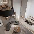 Modern Spacious Duplex Living Room With Round Coffee Table Blue Armchair Fireplace And Spiral Staircase