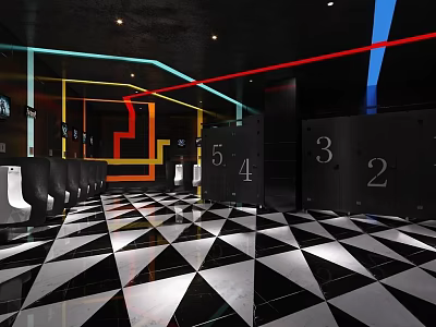 Modern Public Toilet With Black And White Diamond Floor Colorful Lines And Numbered Stalls 3d model