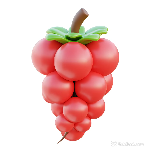 Fresh Red Grapes with Green Leaves and Brown Vine on White Background 3d model 