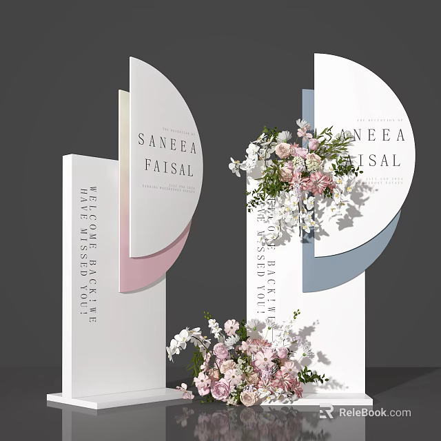 Bespoke Floral Installation Featuring Curved White Boards And Pink White Blooms 3d model 