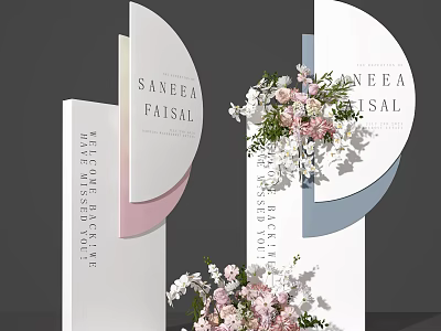 Bespoke Floral Installation Featuring Curved White Boards And Pink White Blooms 3d model