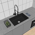 Stainless Steel Kitchen Sink with Flexible Faucet Grey Countertop Cucumber Container and Light Grey Cabinets