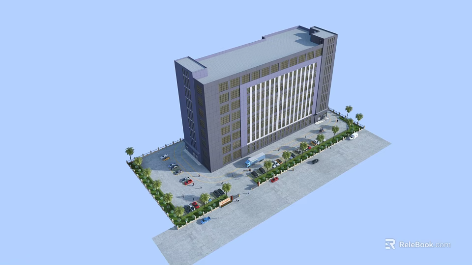 Modern Multi Storey Industrial Factory Building With Parking Area Green Plants And Vehicles 3d model 
