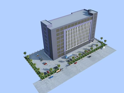 Modern Multi Storey Industrial Factory Building With Parking Area Green Plants And Vehicles 3d model