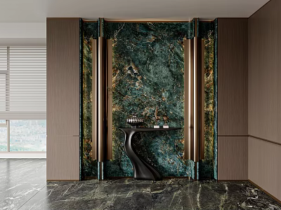 Luxurious Foyer Hallway Design With Green Marble Wall Gold Accents Wooden Panels And Black Console 3d model