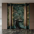 Luxurious Foyer Hallway Design With Green Marble Wall Gold Accents Wooden Panels And Black Console