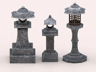 Garden Landscape Featuring Three Traditional Stone Lanterns With Ornamental Outdoor Design 3d model