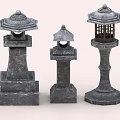 Garden Landscape Featuring Three Traditional Stone Lanterns With Ornamental Outdoor Design