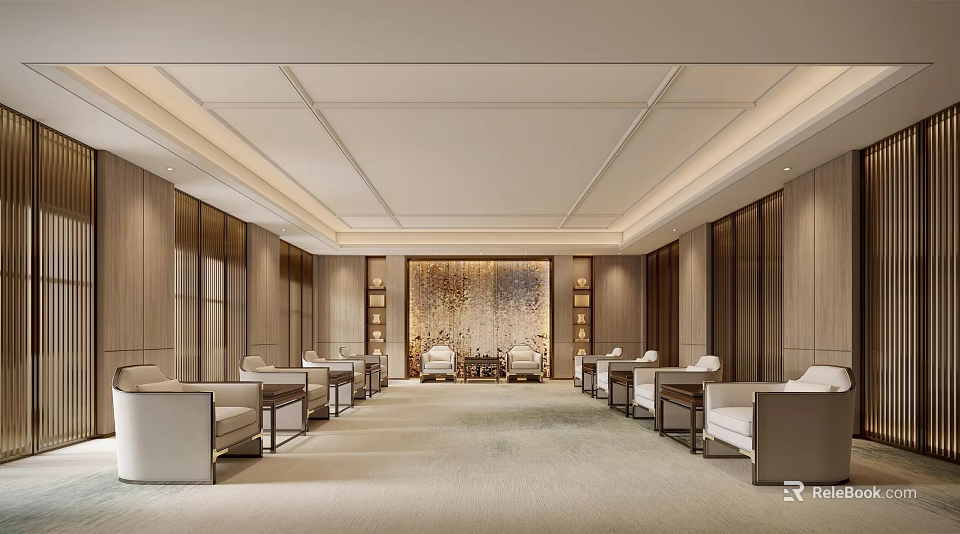 Modern Conference Room Interior With Wooden Panel Walls Decorative Backdrop And Symmetric Seating 3d model 