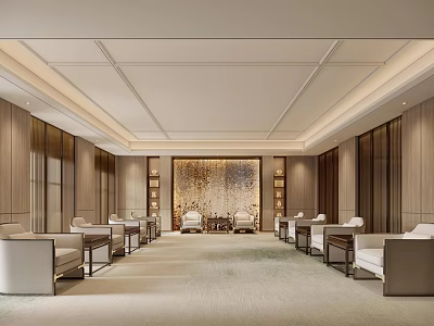 Modern Conference Room Interior With Wooden Panel Walls Decorative Backdrop And Symmetric Seating 3d model