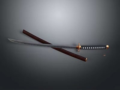 Traditional Samurai Sword With Sharp Blade Brown Scabbard Golden Handle And Decorative White Dots 3d model
