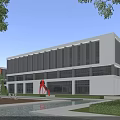 Modern White Office Building Featuring Large Glass Windows Red Sculpture Water Pool And Green Trees