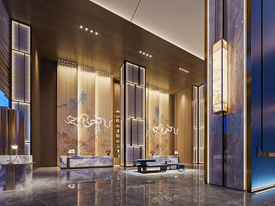 Elegant Modern Hotel Lobby Interior With Marble Flooring And Artistic Screens 3d model