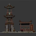 Cartoon Scene Featuring Traditional Chinese Teahouse Architecture Wooden Boxes and Jars