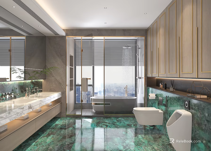 Modern Hotel Bathroom With Green Marble Floor Double Vanity Bathtub Glass Shower And City View 3d model 