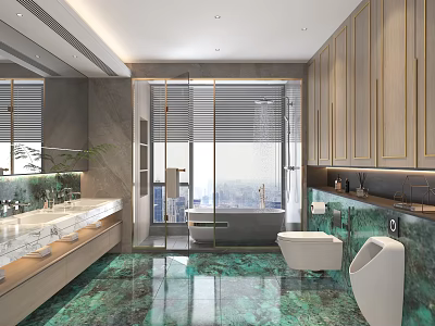 Modern Hotel Bathroom With Green Marble Floor Double Vanity Bathtub Glass Shower And City View 3d model
