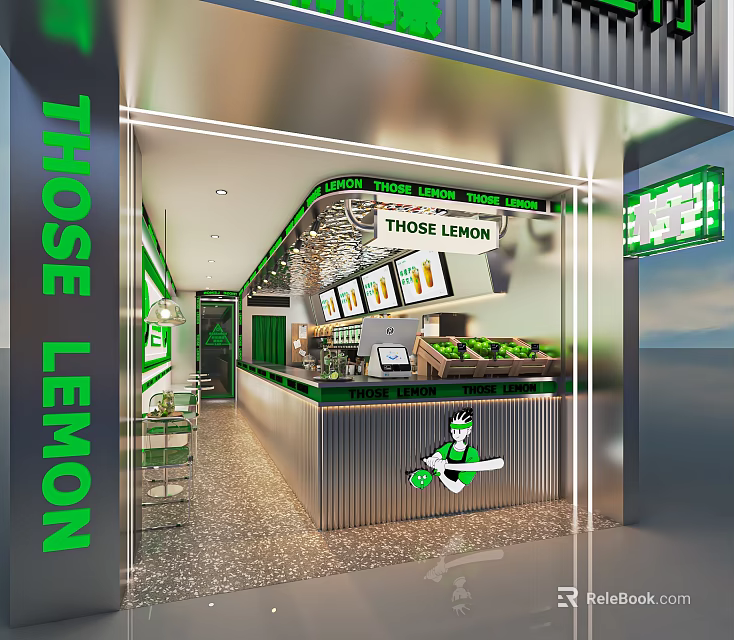 Those Lemon Green Themed Milk Tea Shop Interior With Counter Fruit Display And Menu Boards 3d model 