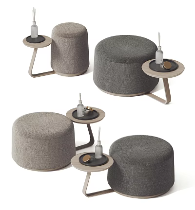 Modern Round Gray Fabric Ottoman Interior Design With Side Tables And Trays 3d model