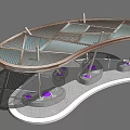 Modern Curved Pergola Structure With Glass Roof And Circular Concrete Bases