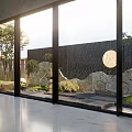 Modern Garden Landscape View Through Large Windows With Stone Wall Moon Design And Trees