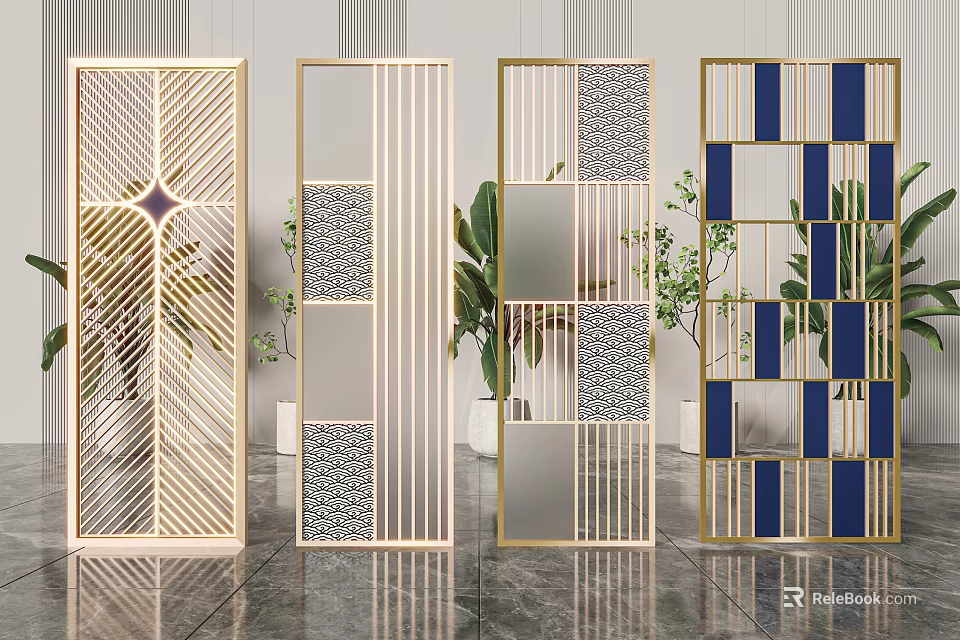 Modern Geometric Room Dividers With Metal Frame Decorative Panels And Green Plants 3d model 