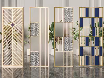 Modern Geometric Room Dividers With Metal Frame Decorative Panels And Green Plants 3d model