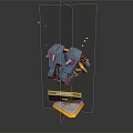 Blue Mechanical Robot Floating On Base With FIREFLY Label And Yellow Glowing Particles