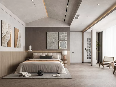 Contemporary Bedroom Interior With Comfortable Bed Wall Art Wooden Elements Rug And Chair 3d model
