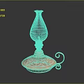 Vintage Candle Lamp With Copper Base Intricate Carvings Transparent Glass Shade And Curved Metal Handle