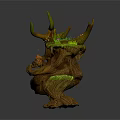 Nature Inspired Wooden Creature Character With Green Moss Orange Accents Horn Protrusions And Rooted Base