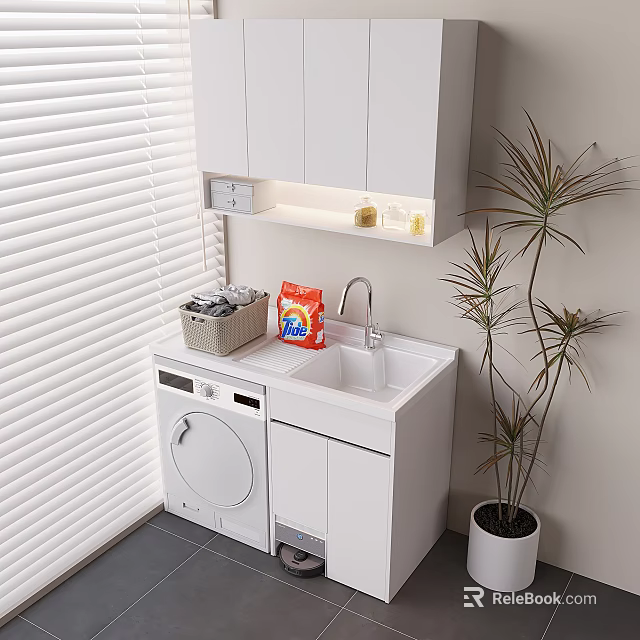 Practical White Bathroom Cabinet With Washing Machine Upper Storage Window Blinds And Plant 3d model