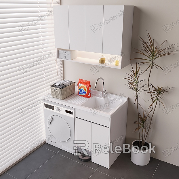 Modern Cream Washing Machine Cabinet Balcony Cabinet Rattan Storage Basket Sweeping Robot Washbasin Green Planting model