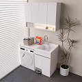 Practical White Bathroom Cabinet With Washing Machine Upper Storage Window Blinds And Plant 3d model