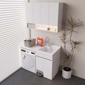 Modern Cream Washing Machine Cabinet Balcony Cabinet Rattan Storage Basket Sweeping Robot Washbasin Green Planting 3d model