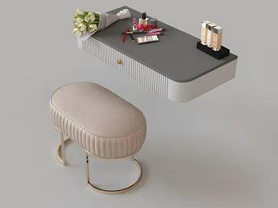 Modern Dressing Table with Gray Top Beige Upholstered Stool Golden Legs and Cosmetics Bouquet 3d model