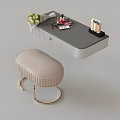 Modern Dressing Table with Gray Top Beige Upholstered Stool Golden Legs and Cosmetics Bouquet