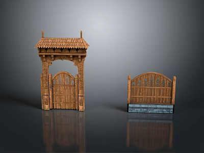 Traditional Wooden Gates With Carved Design And Roof Structure In Two Exterior Styles 3d model