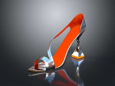 Women's Silver High Heels with Orange Inner Lining and Geometric Metallic Heel Fashionable Design 3d model