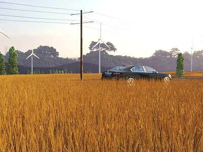 Golden Wheat Field Landscape with Wind Turbines Black Car and Trees Under Sunset Sky 3d model